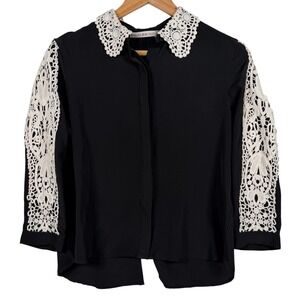 Chelsea & Violet Blouse Womens S Black Crochet Lace Collar 3/4 Sleeve Split Back